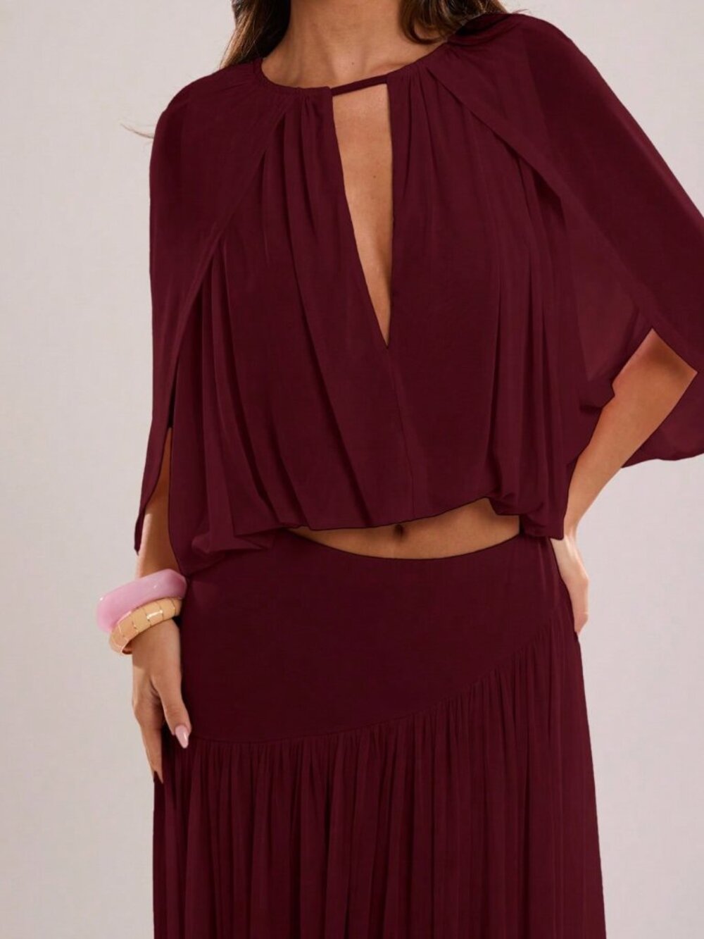 Burgundy Elegant Women's Casual Vacation Layered Ruffle - Picture 5 of 7